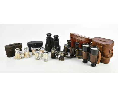 L PETIT, PARIS; a pair of leather cased binoculars, a pair of Carl Zeiss binoculars, a further pair of binoculars, a binocula