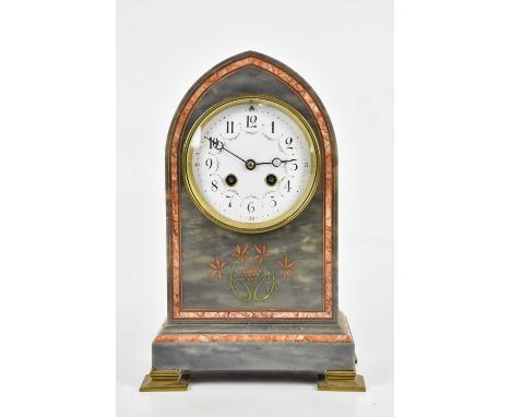 A 19th century French lancet top inlaid marble mantel clock, the enamel dial set with floral sprigging and Arabic numerals, o