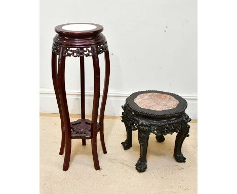 A Chinese ebonised rosewood marble topped jardinière stand, on ball and claw feet, height 39cm, and a stained marble topped j