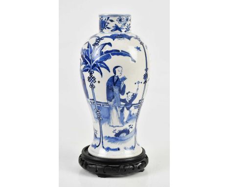 A late 19th century Chinese blue and white vase, decorated with maiden and children in landscape, bearing four character Kang