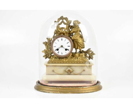 A late 19th century alabaster and bronzed metal figural mantel clock representing a maiden beside bouquets and swags of flowe