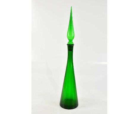 A vintage green glass decanter and stopper of conical form, height 63cm.