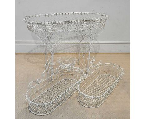 A white painted wirework garden planter, height 78cm, and two similar modern wall hanging wirework planters, width 89cm (3).