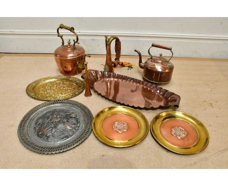 A collection of copper comprising Joseph Sankey tray, two copper kettles, Argyll & Sutherland military copper bugle, embossed