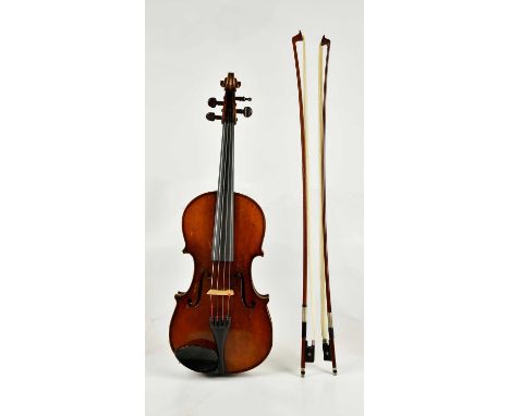 A full size German viola, Stradivarius copy, with one-piece back length 39cm, cased with two bows.