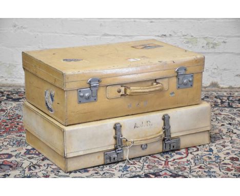 Two vintage vellum suitcases, including an example with initials 'AJR', stamped 'The Revelation', width 65cm, depth 39cm, wit