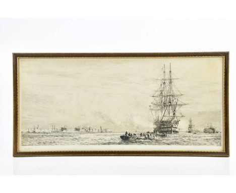 W L WYLLIE; etching, HMS Victory and other ships on coastal port, signed lower left, 23 x 50cm, framed and glazed. 