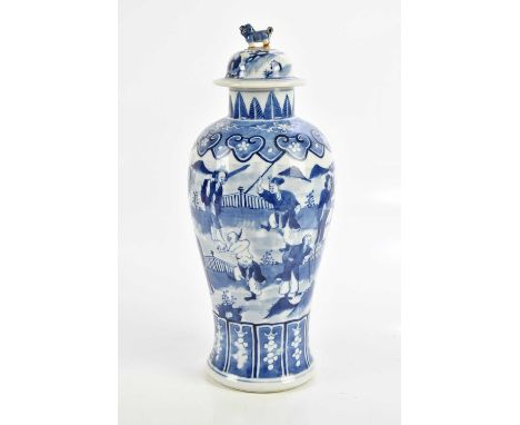 A 20th century Chinese blue and white vase and cover, decorated with figures, height 38cm.Condition Report: Finial on cover h
