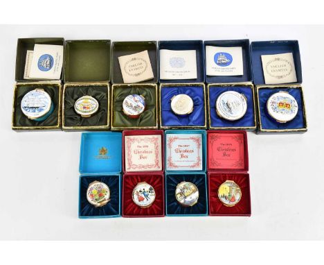 ENGLISH ENAMELS; six cased enamel pill boxes including Silver Jubilee example, and four cased Bilston and Battersea enamel ex