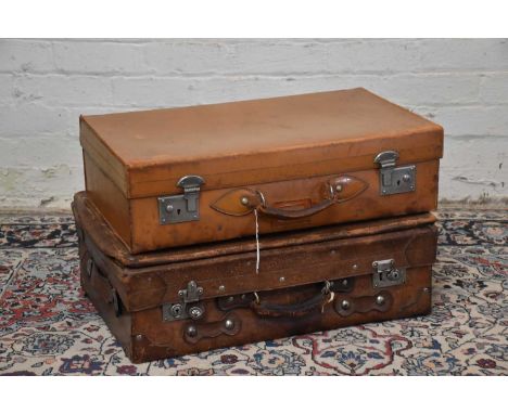 Two vintage suitcases including an unusual expandable leather example with lined interior, width 67cm (2).