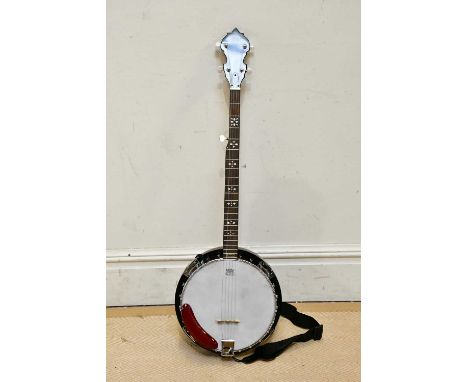 HONDO; a vintage banjo with mother of pearl inlay, fitted in soft case.