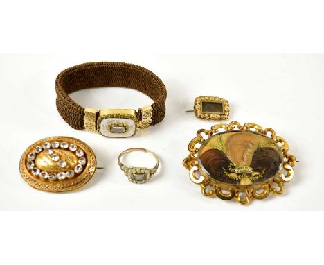 MOURNING JEWELLERY; a selection of Victorian yellow metal and gold plated jewellery including bracelet with enamel panel insc