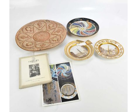 A 19th century Cantigalli type wall charger with relief decoration, diameter 42cm, two 19th century hand painted porcelain ca