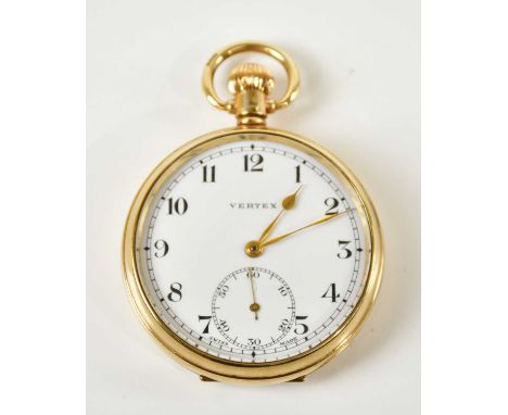 VERTEX; a 9ct gold crown wind open faced pocket watch, the enamel dial set with Arabic numerals, diameter 50mm, approximate w