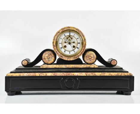 A Victorian slate and marble mantel clock, with drum movement and enamel dial set with Roman numerals, height 30cm, length 53