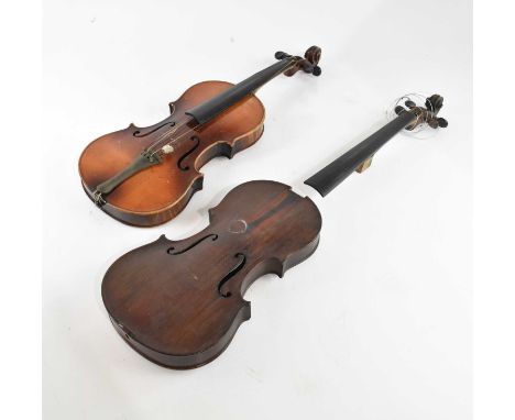 Two full size German Stradivarius copy violins for restoration, both cased (2).