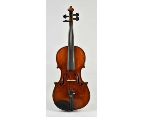 A full size German violin, Stradivarius copy, with two-piece back length 36cm, cased.