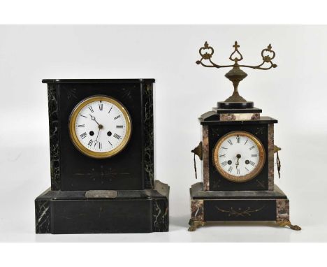 A Victorian marble and slate mantel clock, the dial set with Roman numerals above the white metal presentation plaque, height