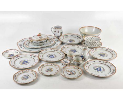 A good Chinese export ware Famille Rose armorial part tea and dinner service comprising large meat plate, medium sized meat p
