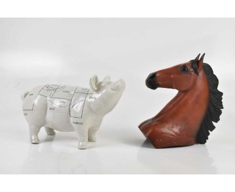 A ceramic figure of a pig, height 20cm, and a resin bust of a horse (2). 