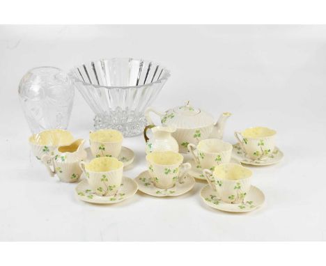 BELLEEK; a six setting tea service decorated with shamrocks, a Rosenthal conical bowl with fluted decoration, height 15cm, di