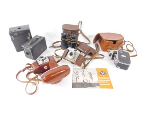 Cameras, including a Kodak Colour Snap 35 camera model II, an Agfa camera box brownie, a Bollex Paillard cine camera, and a p