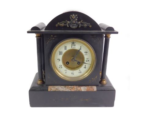 A late 19thC French slate and marble cased mantel clock, circular brass dial with enamel chapter ring bearing Arabic numerals