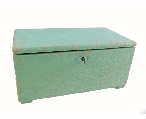 A turquoise mottle painted pine box, mid 20thC, raised on bracket feet, with key, 16.5cm H, 34cm L, 19cm D.