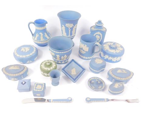 Wedgwood light blue and green Jasperware, including a tea caddy and cover, small jardiniere, boxes and covers, ring tree, mug