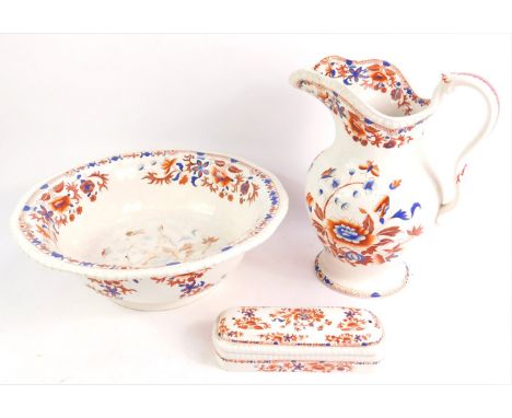 A Spode mid 19thC pottery wash jug and bowl, decorated in iron red and blue with chinoiserie flowers, together with a toothbr