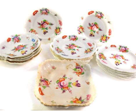 A mid 19thC porcelain dessert service, possibly Coalport, painted with floral sprays, comprising a pair of square dishes, fou