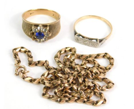 A 9ct gold belcher link neck chain, on a bolt ring clasp, 7.4g, together with an 18ct gold and diamond ring, size R, and a fu