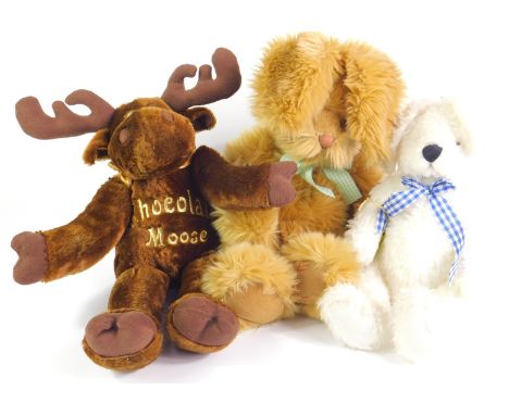 A Harrods Rabbit, 49cm high, together with an Yves Rochet Rabbit, 32cm high, and a Chad Valley Chocolate Moose, 46cm high. (3