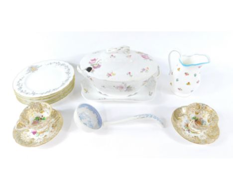 A late 19thC Continental porcelain soup tureen and cover painted with floral sprays, similar dish, early 19thC blue and white