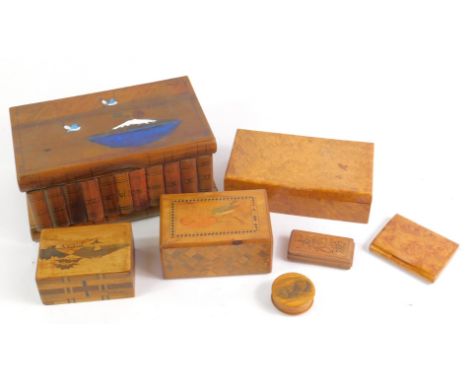An Italian novelty olive wood box, formed of books, with a semi-secret compartment, 21.5cm long, two Japanese inlaid boxes, a