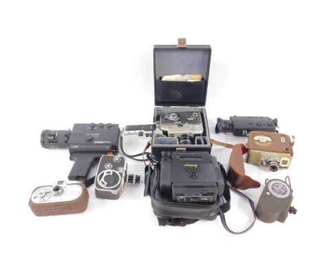 A Ziess Icon Movikon 8" cine camera, Paillard C8 cine camera, a Bell &amp; Howell Filmo Double Run 8 model 134-G cine camera,