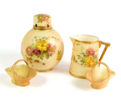 A Royal Worcester pot pourri vase and cover, C1903, decorated with flowers against a blush ground, 11cm high, together with a