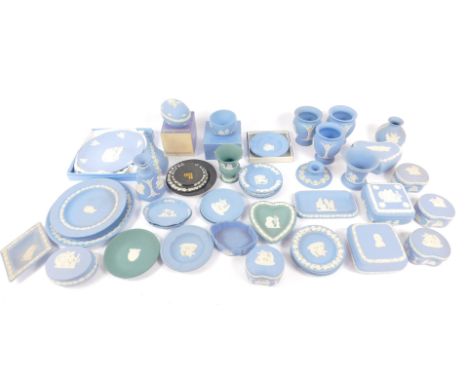 Wedgwood light blue and green Jasperware, and black basalt, including plates and dishes, an egg, vases, boxes and covers, inc
