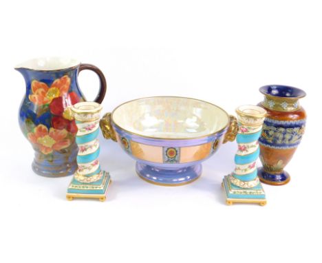 A pair of late 19thC porcelain Windsor candlesticks, of spiral fluted form, painted with bands of roses, raised on a step squ