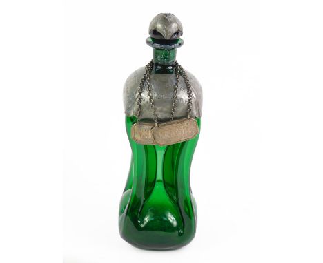 A Norwegian green hour glass decanter, with pewter overlay, engraved with 'Kraftig som bamsen ... kan man drikke med lyst', t