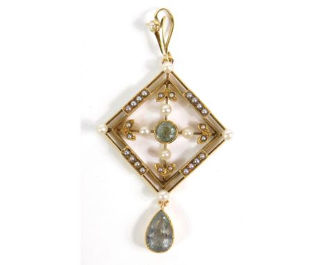 A Victorian style amethyst and seed pearl pendant, of floral rhomboid design, set in yellow metal, 4.8g.