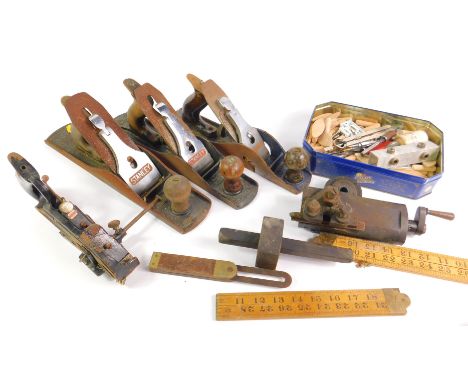 Four Stanley planes, No 78, 5, 5 1/2, and 10, together with Rabone rulers and other tools. (qty)