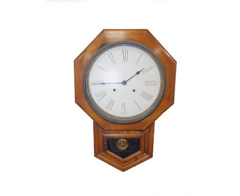 A late 19thC Seikosha Japanese oak cased regulator drop dial wall clock, enamel circular dial bearing Roman numerals, eight d