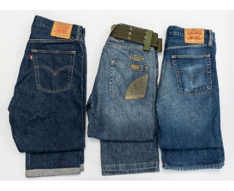 A pair of Dolce & Gabana jeans 33inch waist with sage coloured woven belt, 2 patch pockets at back with part khaki portion (A