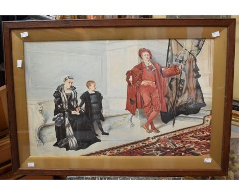 An early 20th Century watercolour depicting 16th Century Widow and Child with guard, rug to foreground, marble interior, 44 x