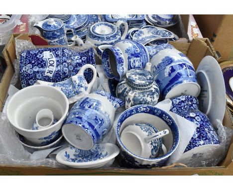 A collection of blue and white ceramics including Spode