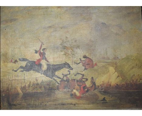 Two Georgian hunting interest oils on board, in period frames along with two early 20th Century hunting prints