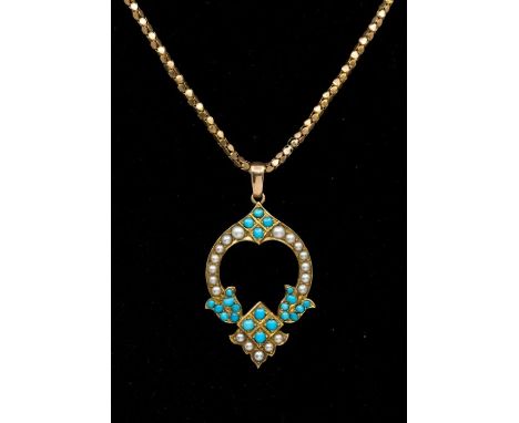 An early 20th century pearl and turquoise set gold pendant, length approx 45 x 25mm, unmarked assessed as 9ct gold, total gro