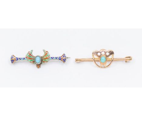 A Jugendstil 9ct rose gold and turquoise bar brooch set with an oval turquoise cabochon, in the style of Murrle Bennett, leng