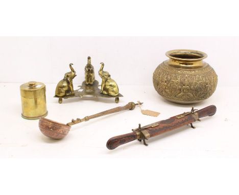 An Anglo Indian cast brass soup bowl and elephant stand centrepiece, accompanied by a copper and brass ladle,&nbsp;bowl was s